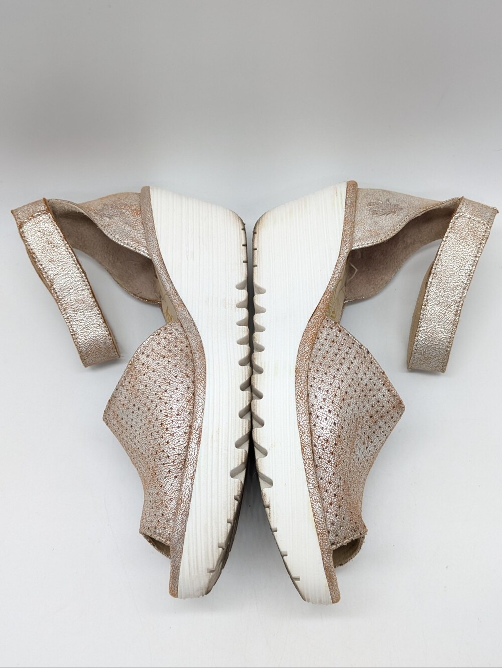 Fly London Yake Metallic Brown Silver Perforated Leather Wedge Heel Sandal 39 - Picture 6 of 10